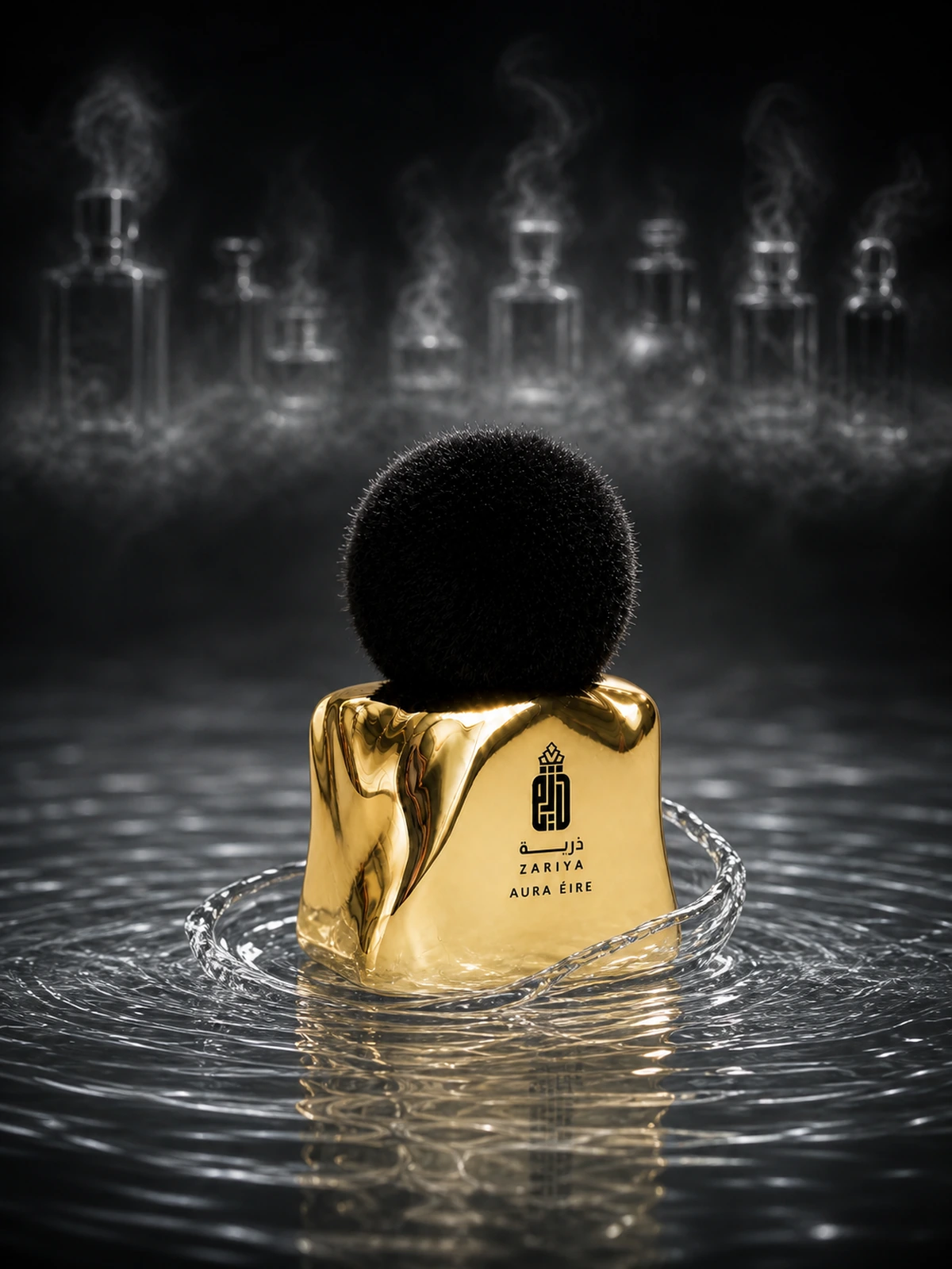 A Zariya bottle against black and gold